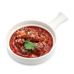 Photo of Delicious meatballs with tomato sauce, parmesan cheese and parsley isolated on white