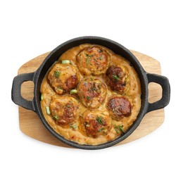 Photo of Delicious meatballs with gravy cream sauce and herbs isolated on white, top view