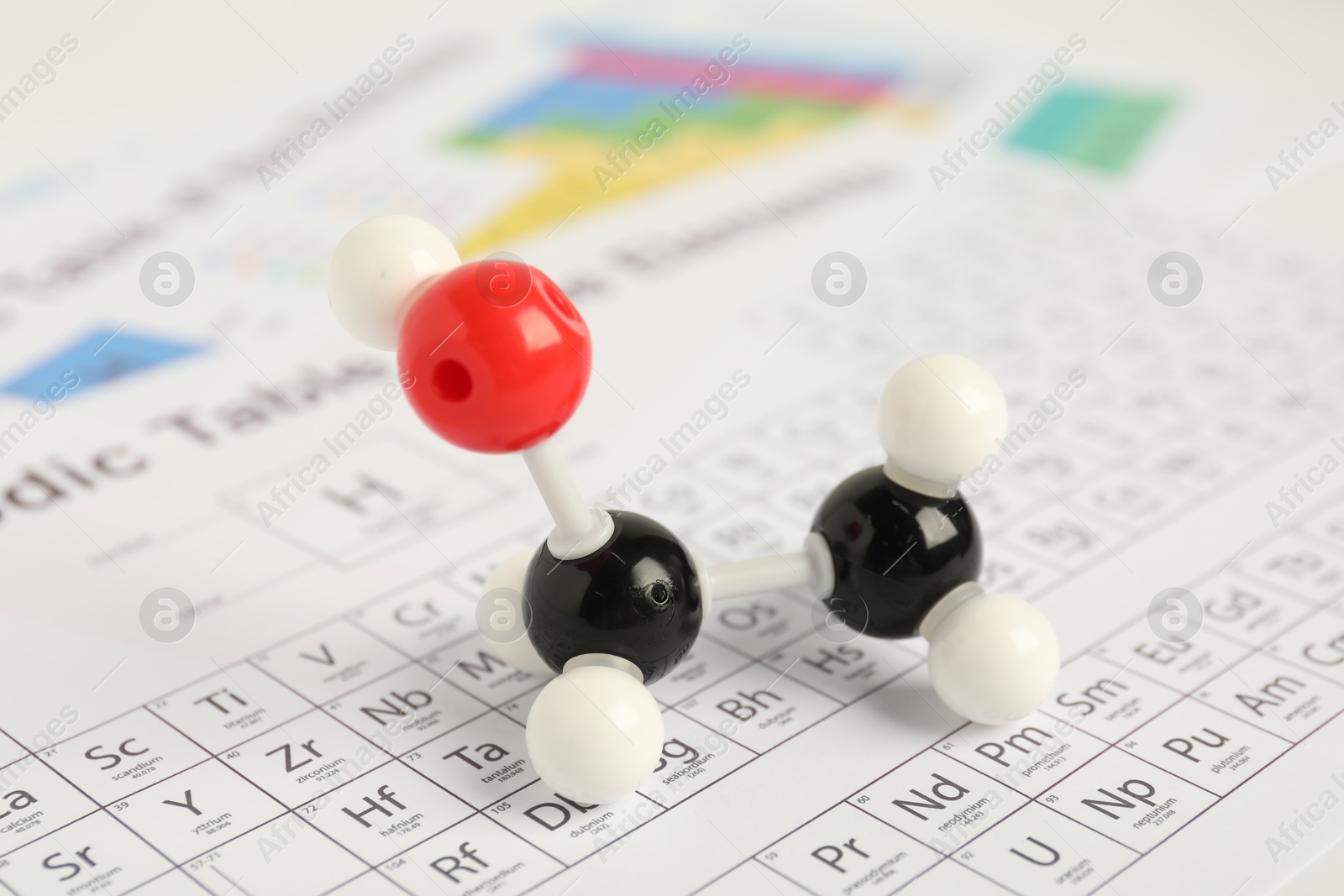 Photo of Molecule of ethanol on periodic table, closeup. Chemical model