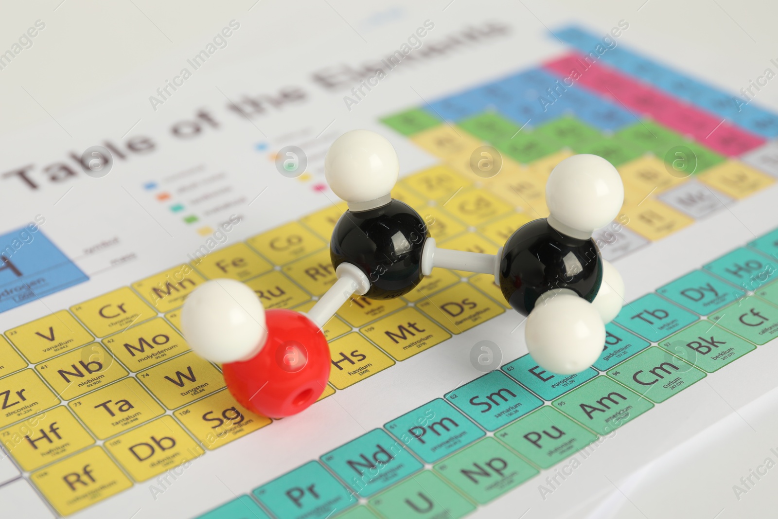 Photo of Molecule of ethanol on periodic table, closeup. Chemical model