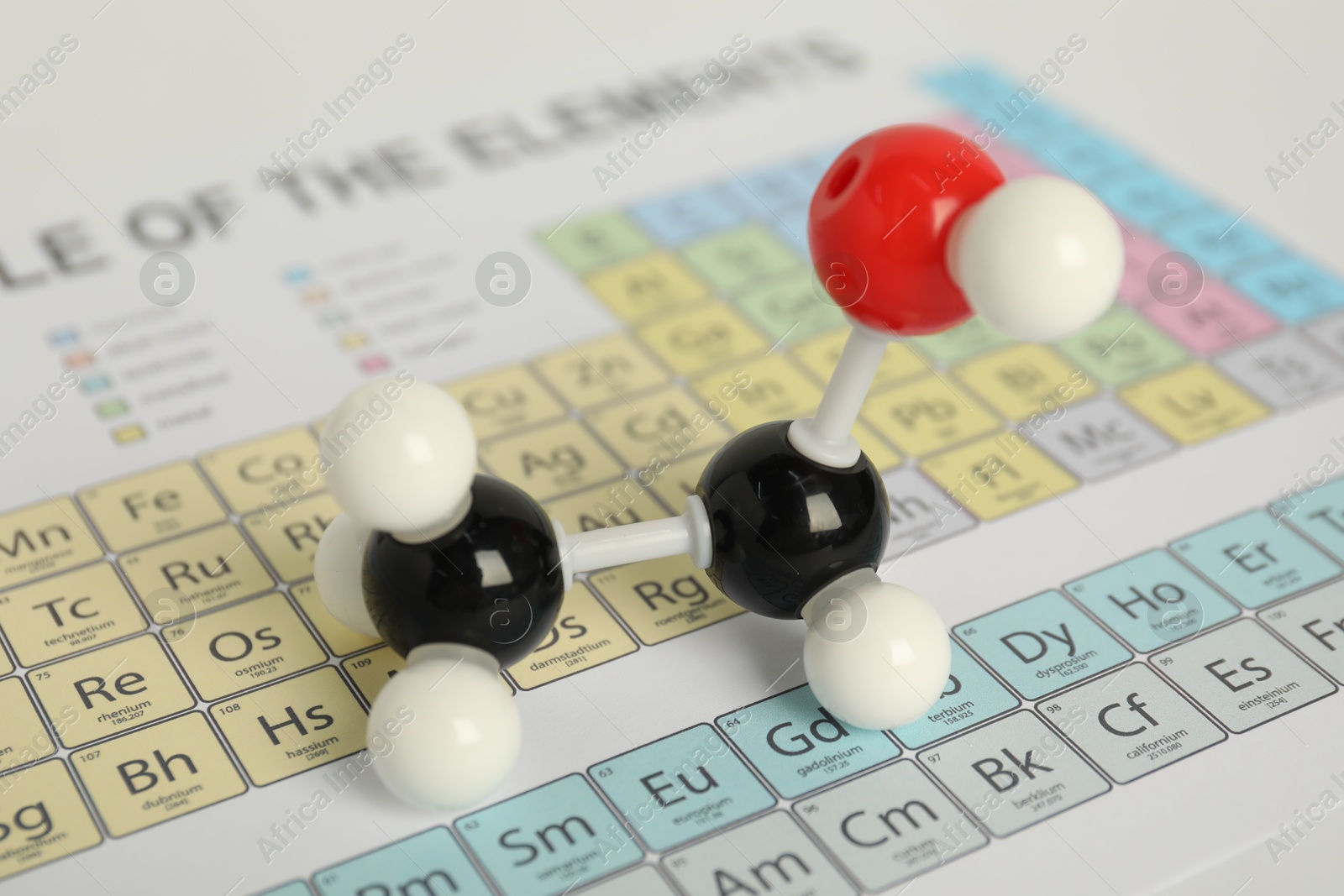 Photo of Molecule of ethanol on periodic table, closeup. Chemical model