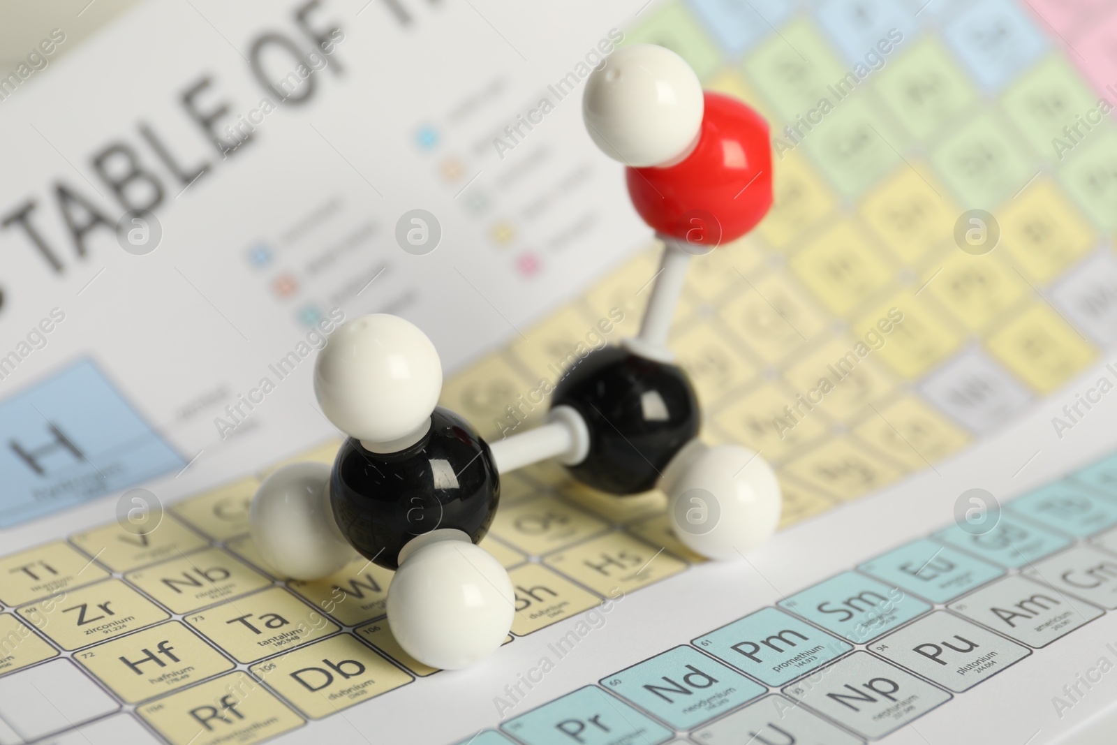 Photo of Molecule of ethanol on periodic table, closeup. Chemical model