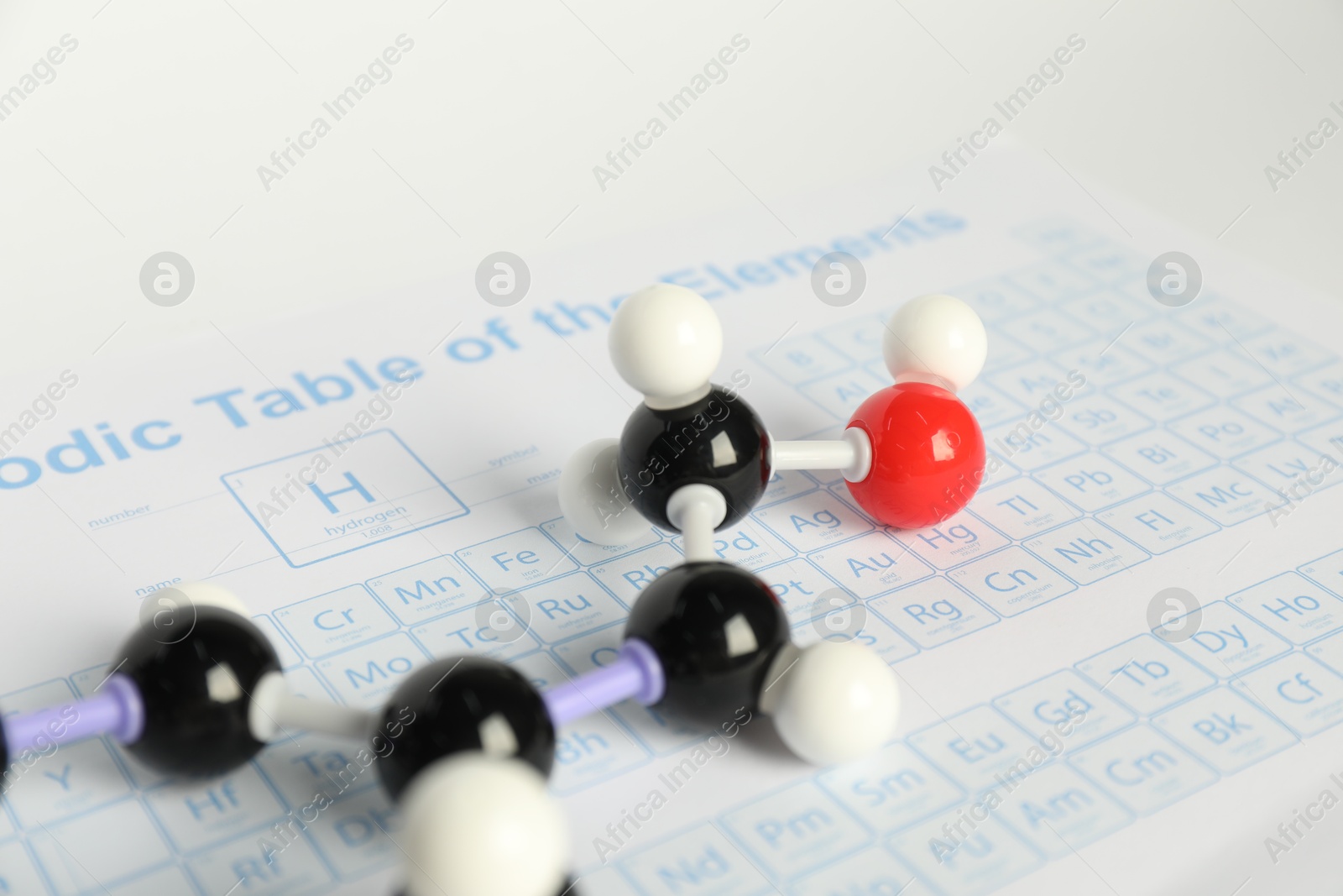 Photo of Molecule of retinol (vitamin A) on periodic table, closeup. Chemical model