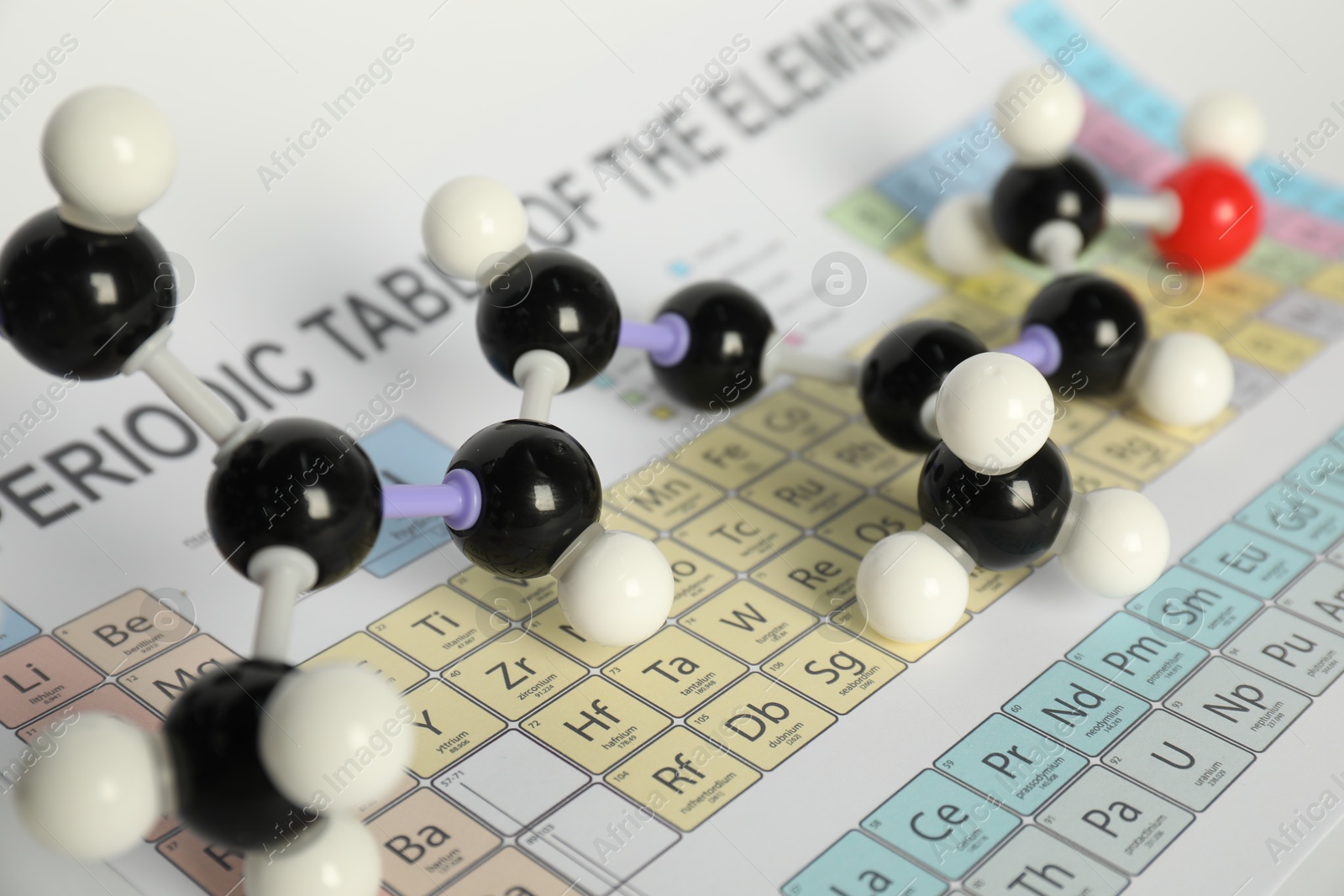 Photo of Molecule of retinol (vitamin A) on periodic table, closeup. Chemical model