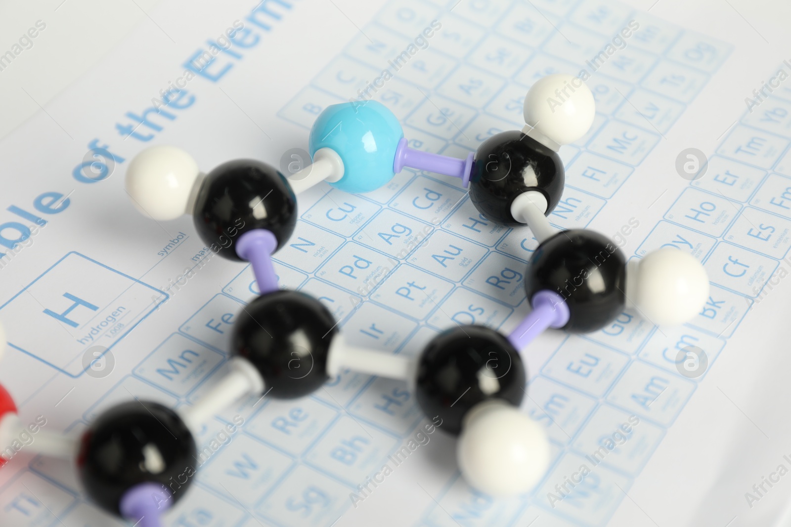 Photo of Molecule of niacin (vitamin B3) on periodic table, closeup. Chemical model