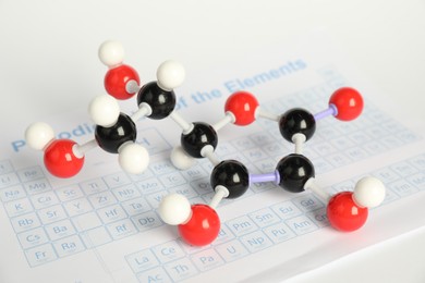 Photo of Molecule of vitamin C on periodic table, closeup. Chemical model