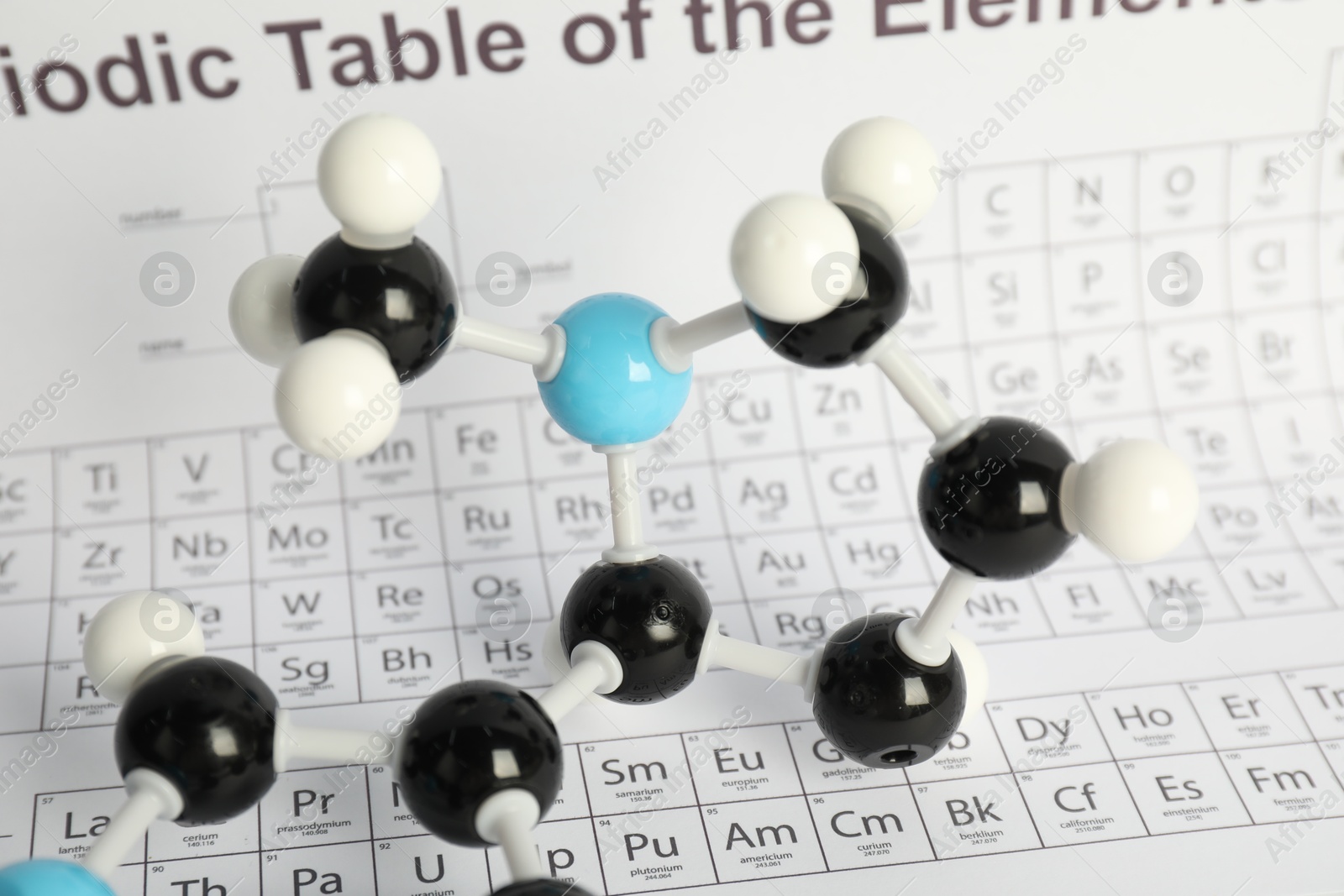 Photo of Chemical model of molecule on periodic table, closeup