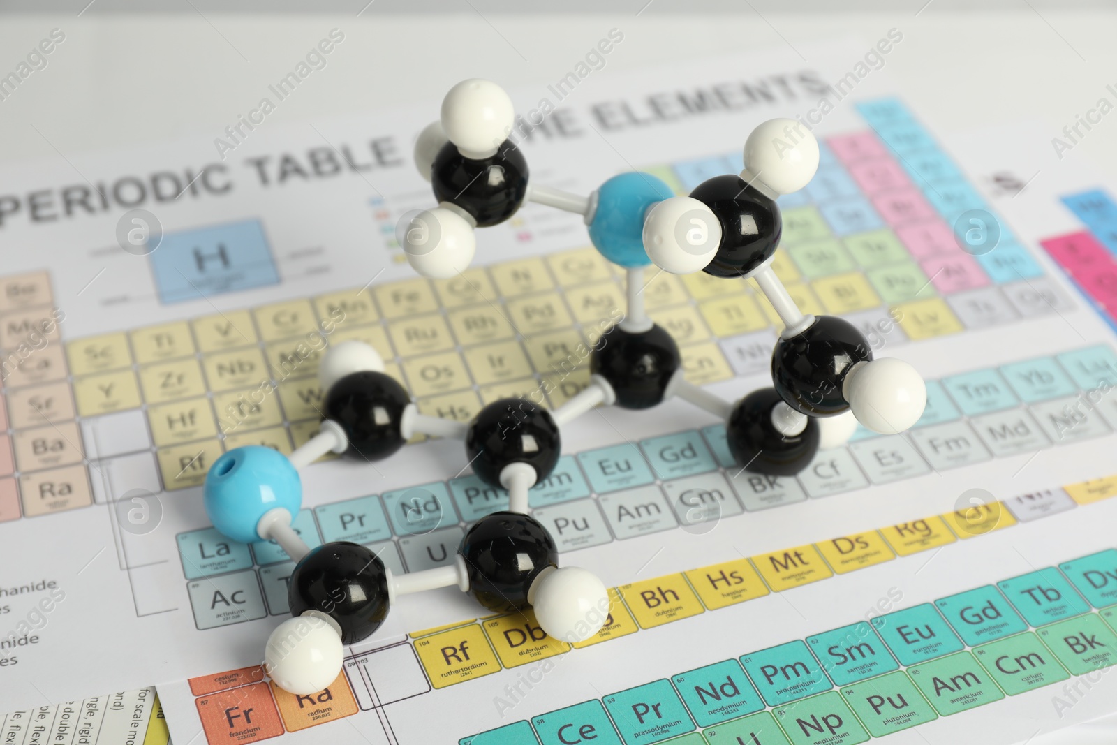 Photo of Chemical model of molecule on periodic table, closeup