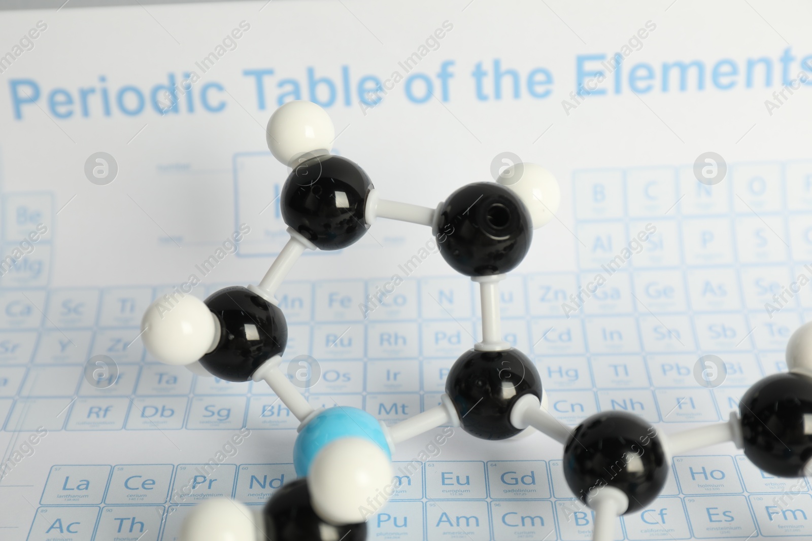 Photo of Chemical model of molecule on periodic table, closeup