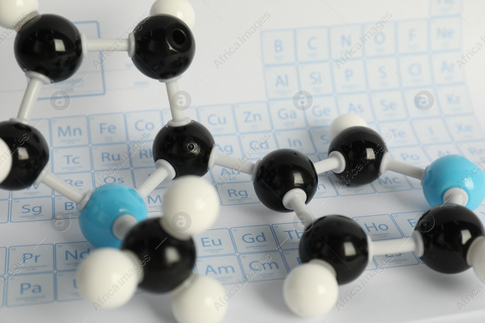 Photo of Chemical model of molecule on periodic table, closeup