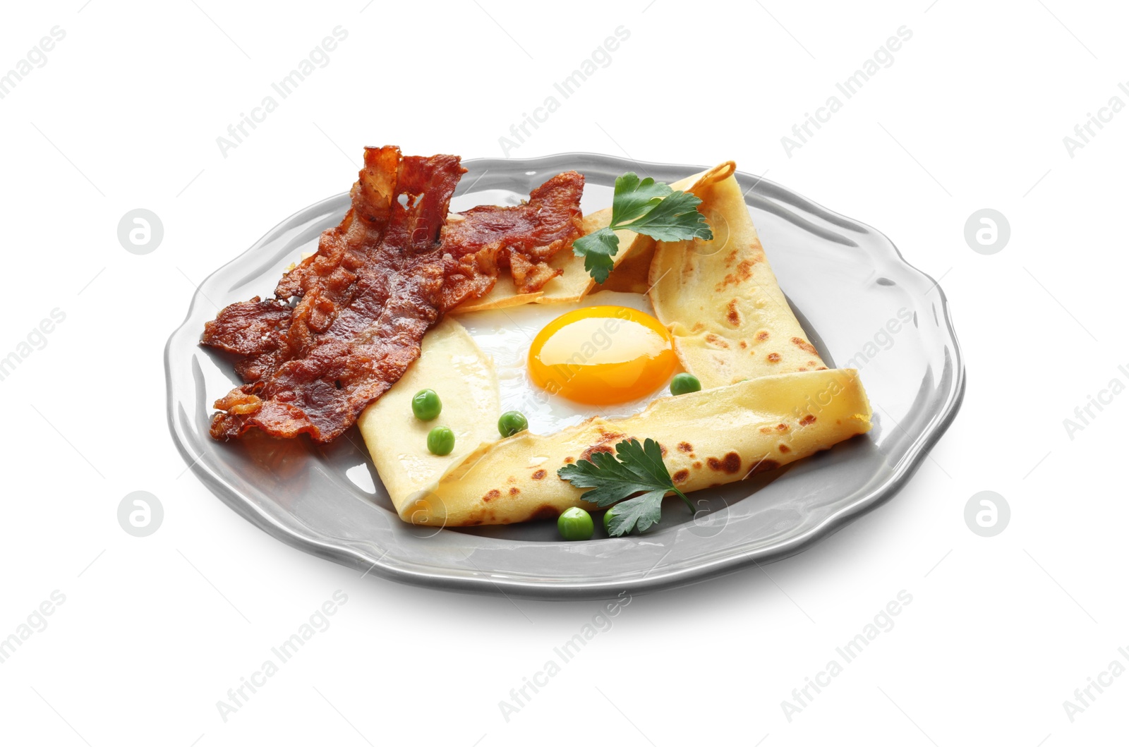 Photo of Delicious crepe with egg, bacon and green peas isolated on white. Breton galette