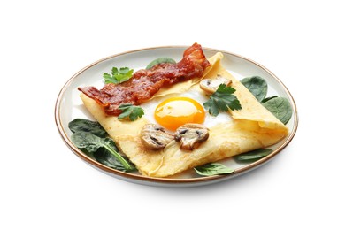 Photo of Delicious crepe with egg, bacon and mushrooms isolated on white. Breton galette