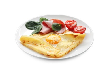 Photo of Delicious crepe with egg, ham and parmesan cheese isolated on white