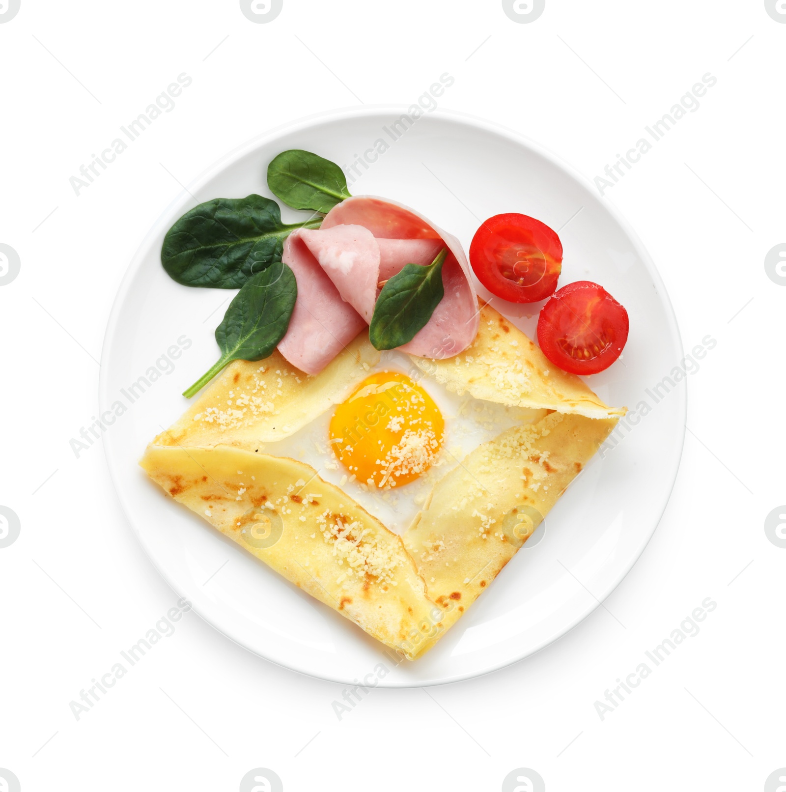 Photo of Delicious crepe with egg, ham and parmesan cheese isolated on white, top view