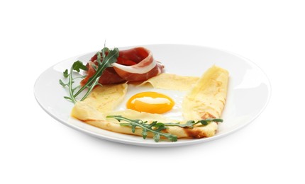 Photo of Delicious crepe bretonne with bacon and arugula isolated on white