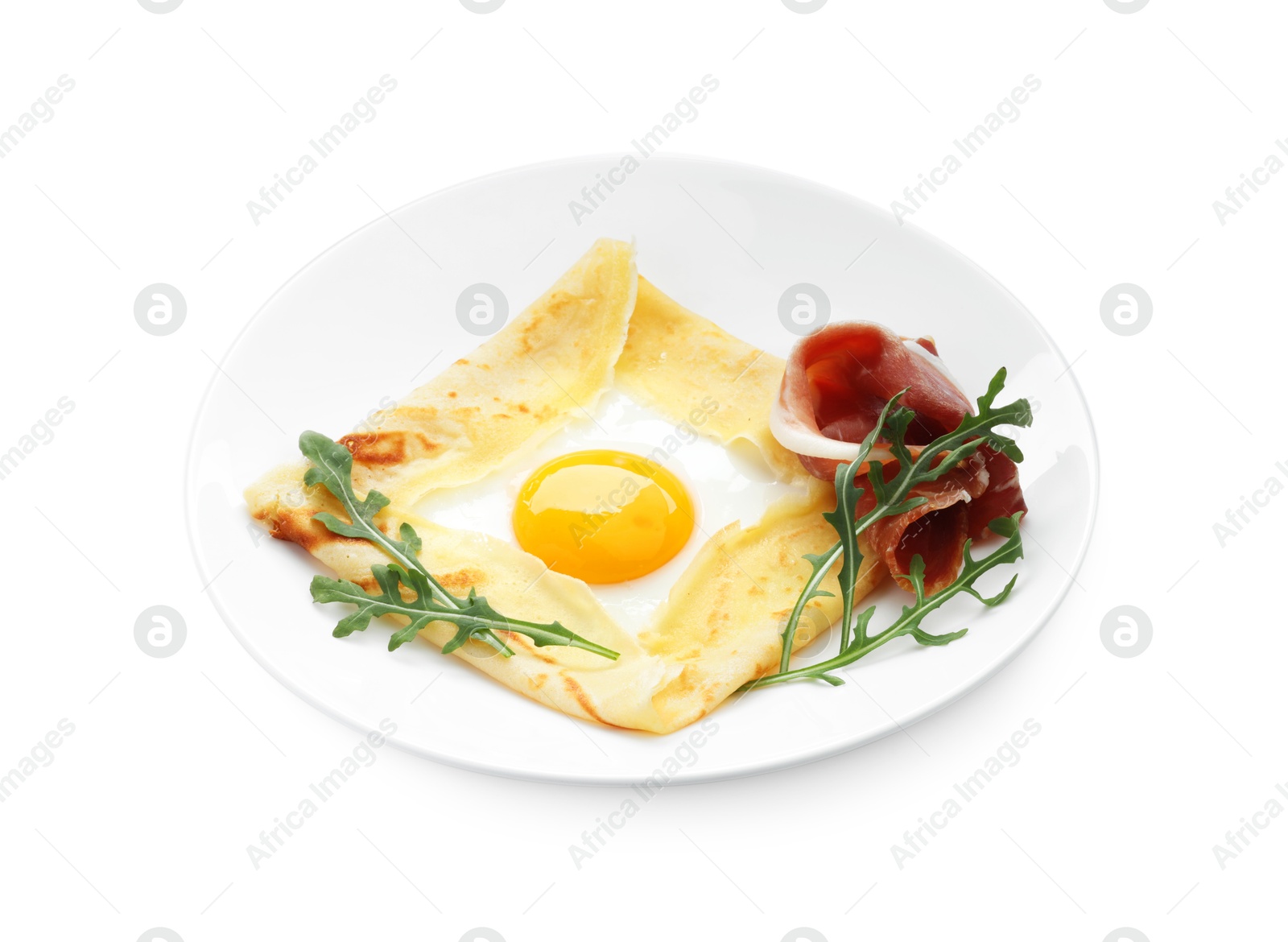 Photo of Delicious crepe bretonne with bacon and arugula isolated on white