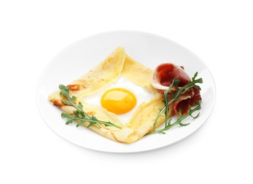 Photo of Delicious crepe bretonne with bacon and arugula isolated on white