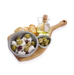 Photo of Marinated olives, feta cheese, bread pieces and oil isolated on white