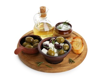 Photo of Marinated olives, feta cheese, bread pieces and oil isolated on white