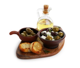 Photo of Marinated olives, feta cheese, bread pieces and oil isolated on white