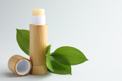 Photo of Lip balm and leaves on white background, closeup. Space for text