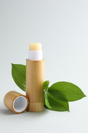 Photo of Lip balm and leaves on white background, closeup