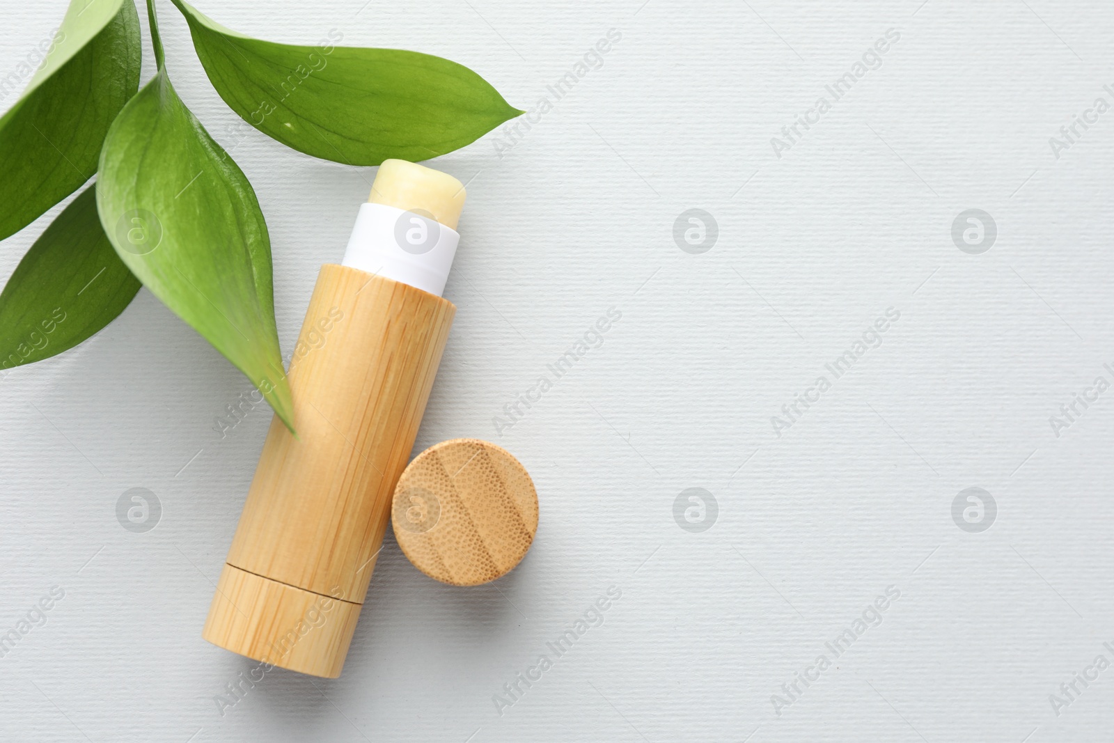 Photo of Lip balm and leaves on white background, top view. Space for text