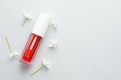 Photo of Lip oil and flowers on white background, flat lay. Space for text