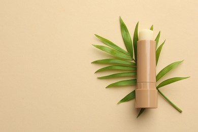 Photo of Lip balm and leaves on beige background, top view. Space for text