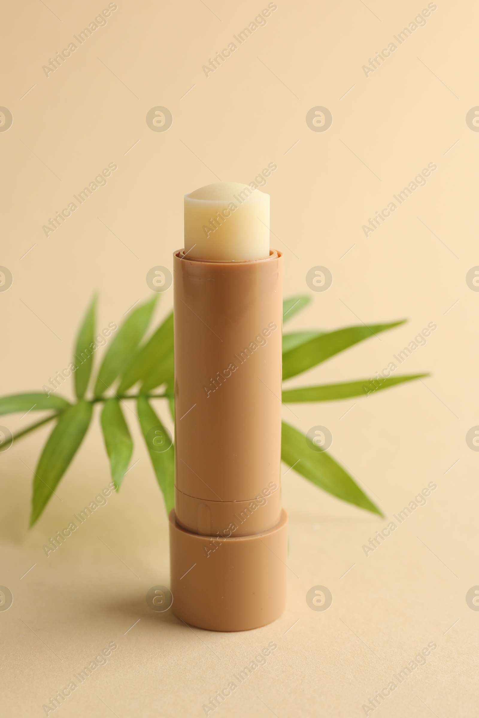 Photo of Lip balm and leaves on beige background, closeup