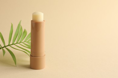 Photo of Lip balm and leaves on beige background, closeup. Space for text