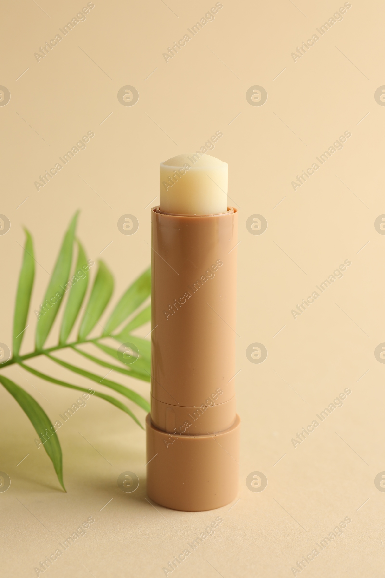 Photo of Lip balm and leaves on beige background, closeup