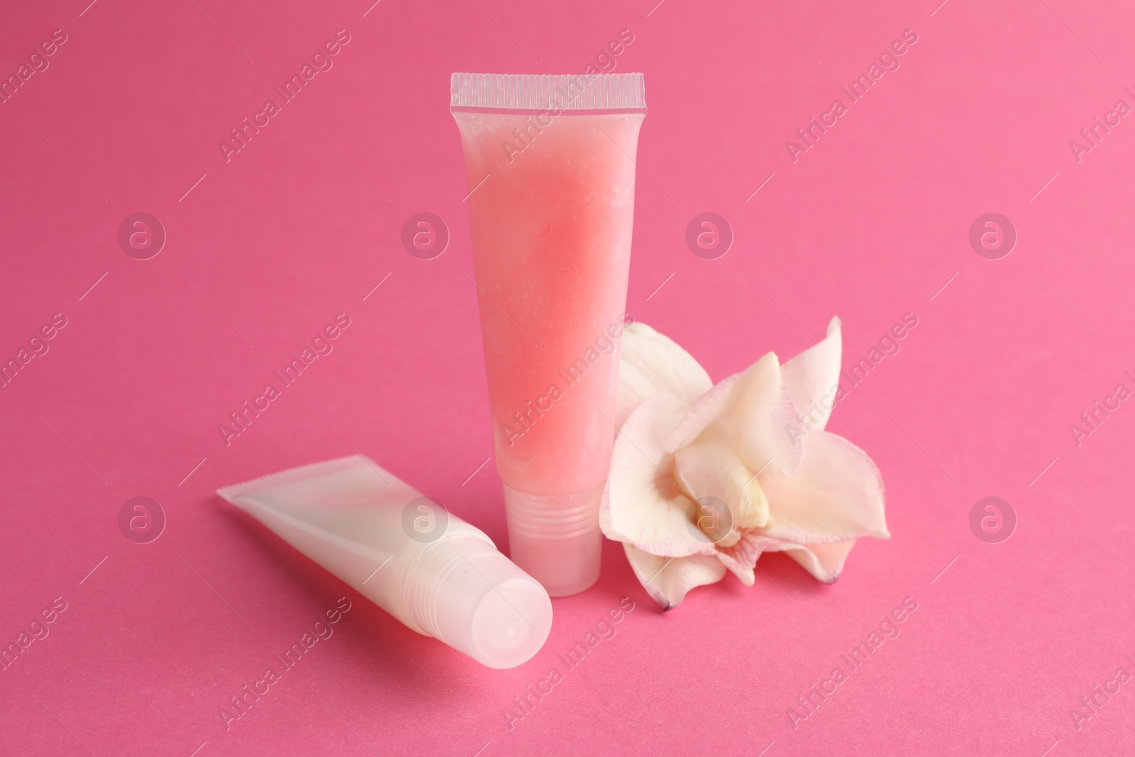 Photo of Lip balms and flower on pink background, closeup