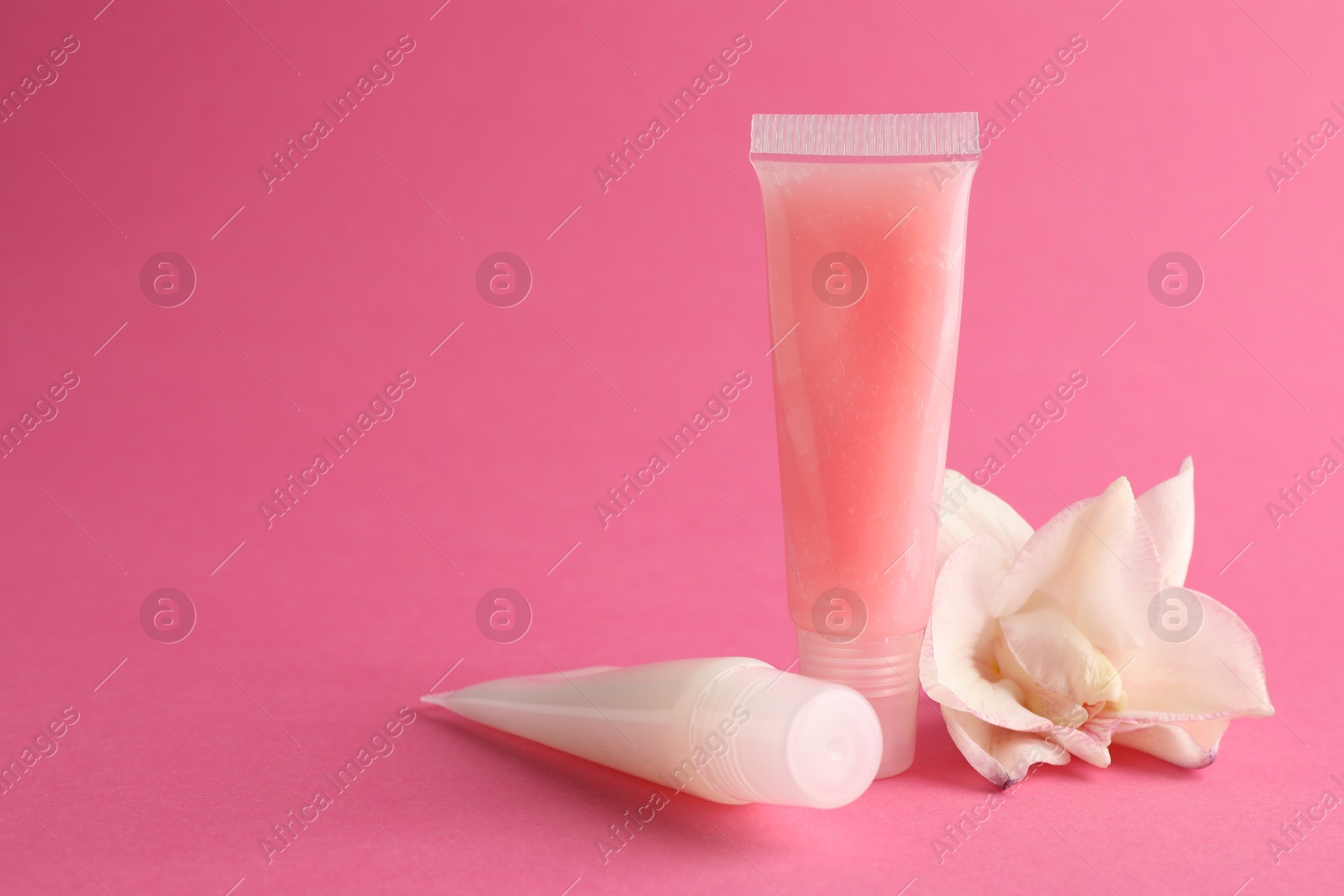 Photo of Lip balms and flower on pink background, closeup. Space for text