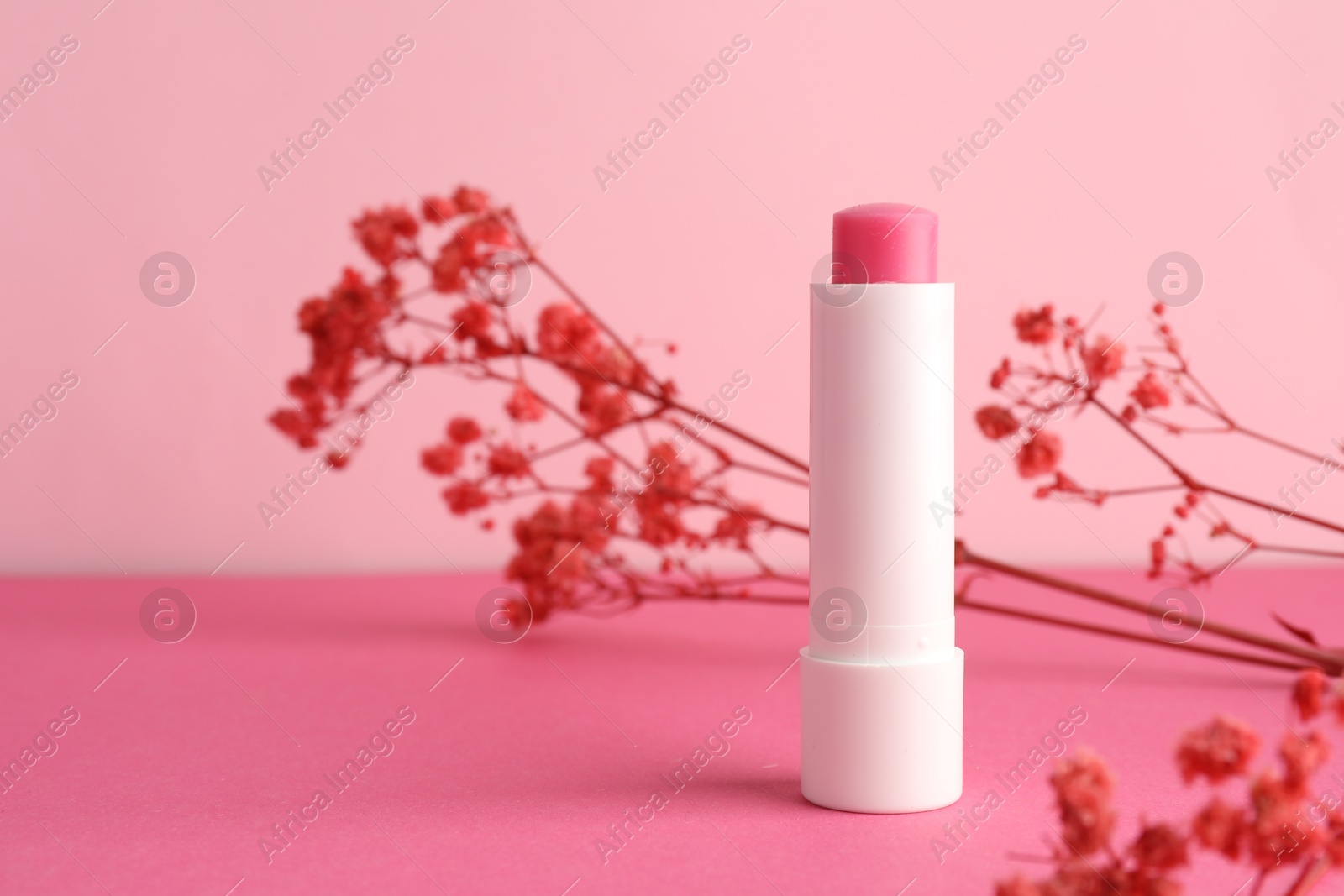 Photo of Lip balm and flowers on pink background, closeup. Space for text