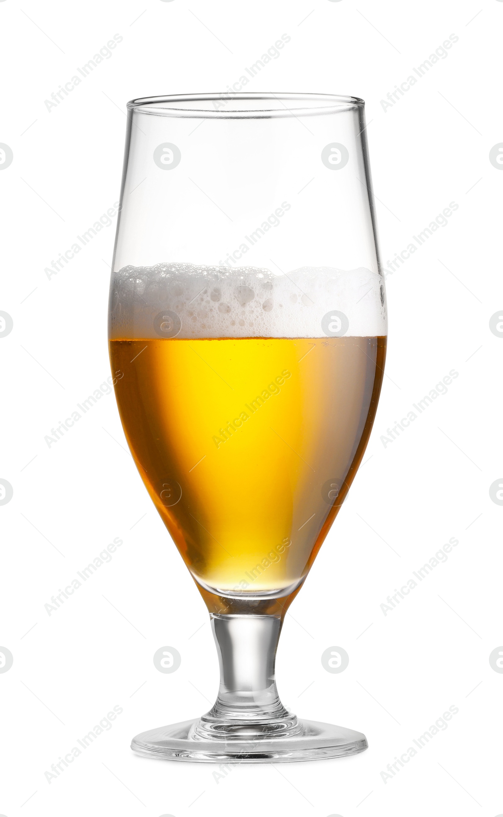 Photo of Half full glass of fresh beer isolated on white