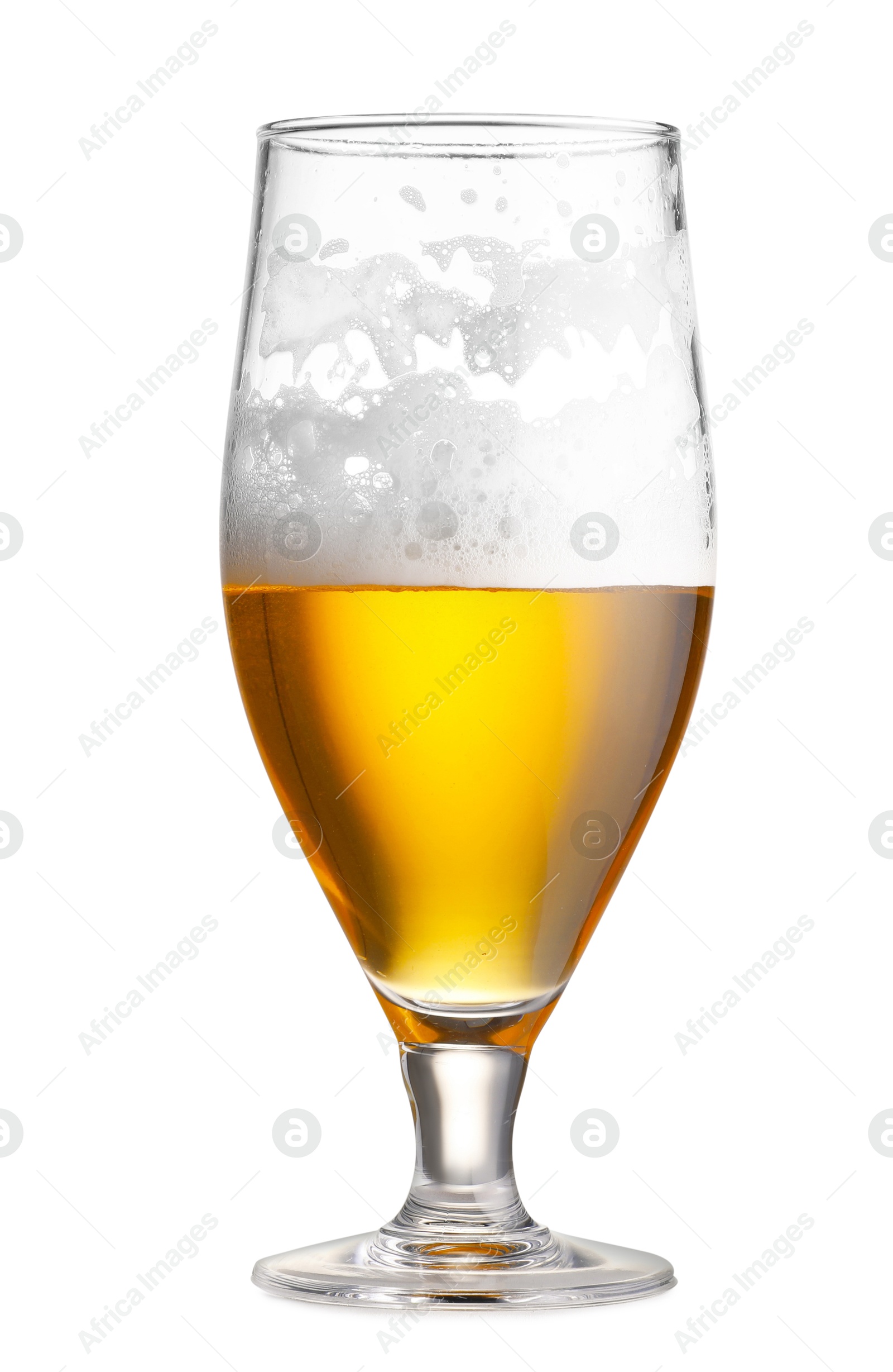 Photo of Half full glass of fresh beer isolated on white