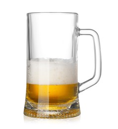 Photo of Almost empty glass mug of beer isolated on white