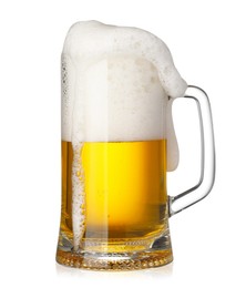 Glass mug of fresh beer with foam isolated on white