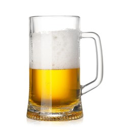 Glass mug of fresh beer with foam isolated on white