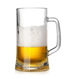 Glass mug of fresh beer with foam isolated on white