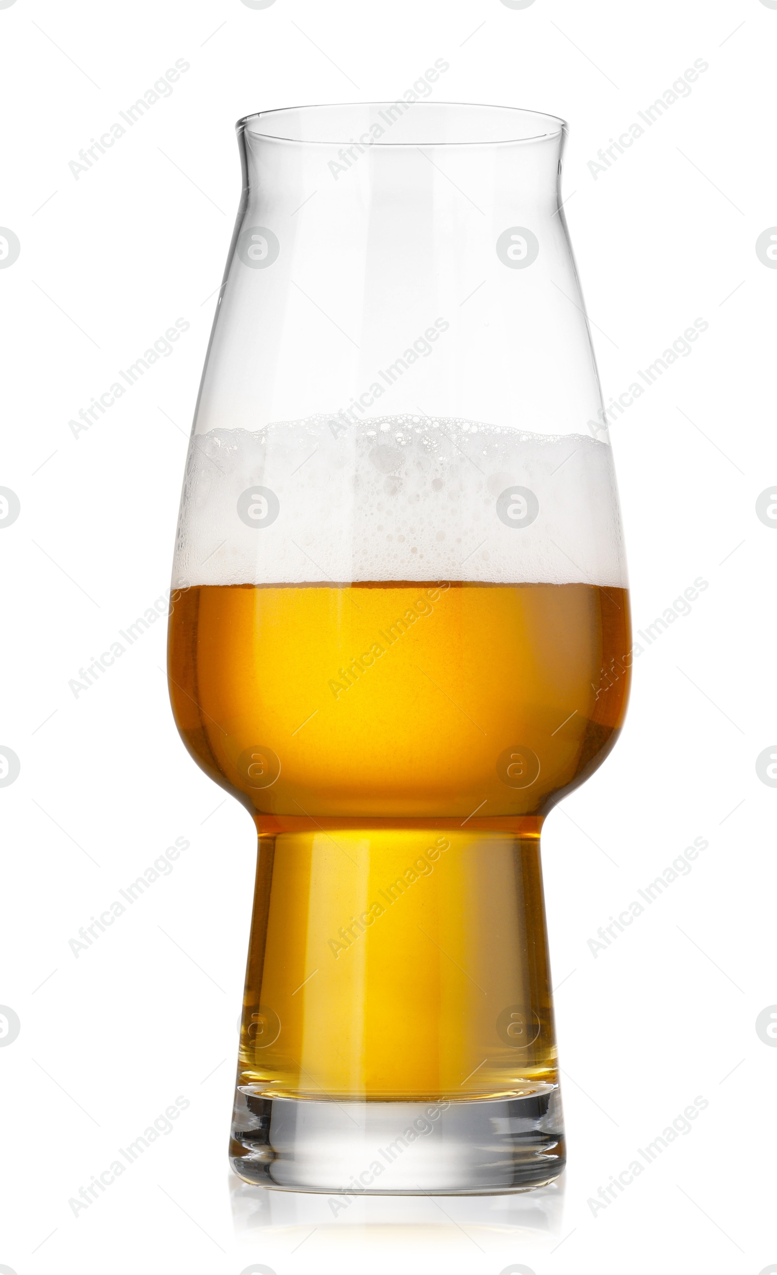 Photo of Half full glass of fresh beer isolated on white