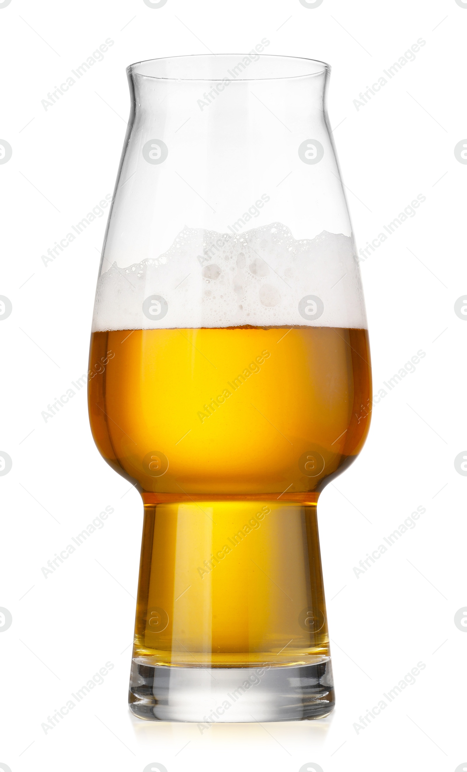 Photo of Half full glass of fresh beer isolated on white