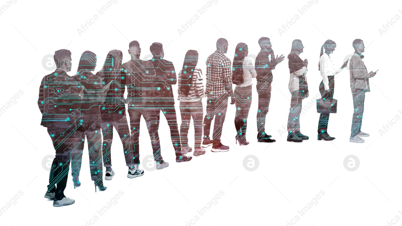 Image of Human resource. Silhouettes of people, double exposure with circuit board pattern