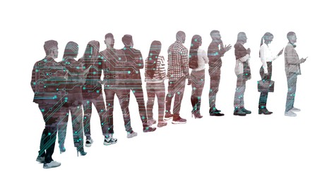 Image of Human resource. Silhouettes of people, double exposure with circuit board pattern