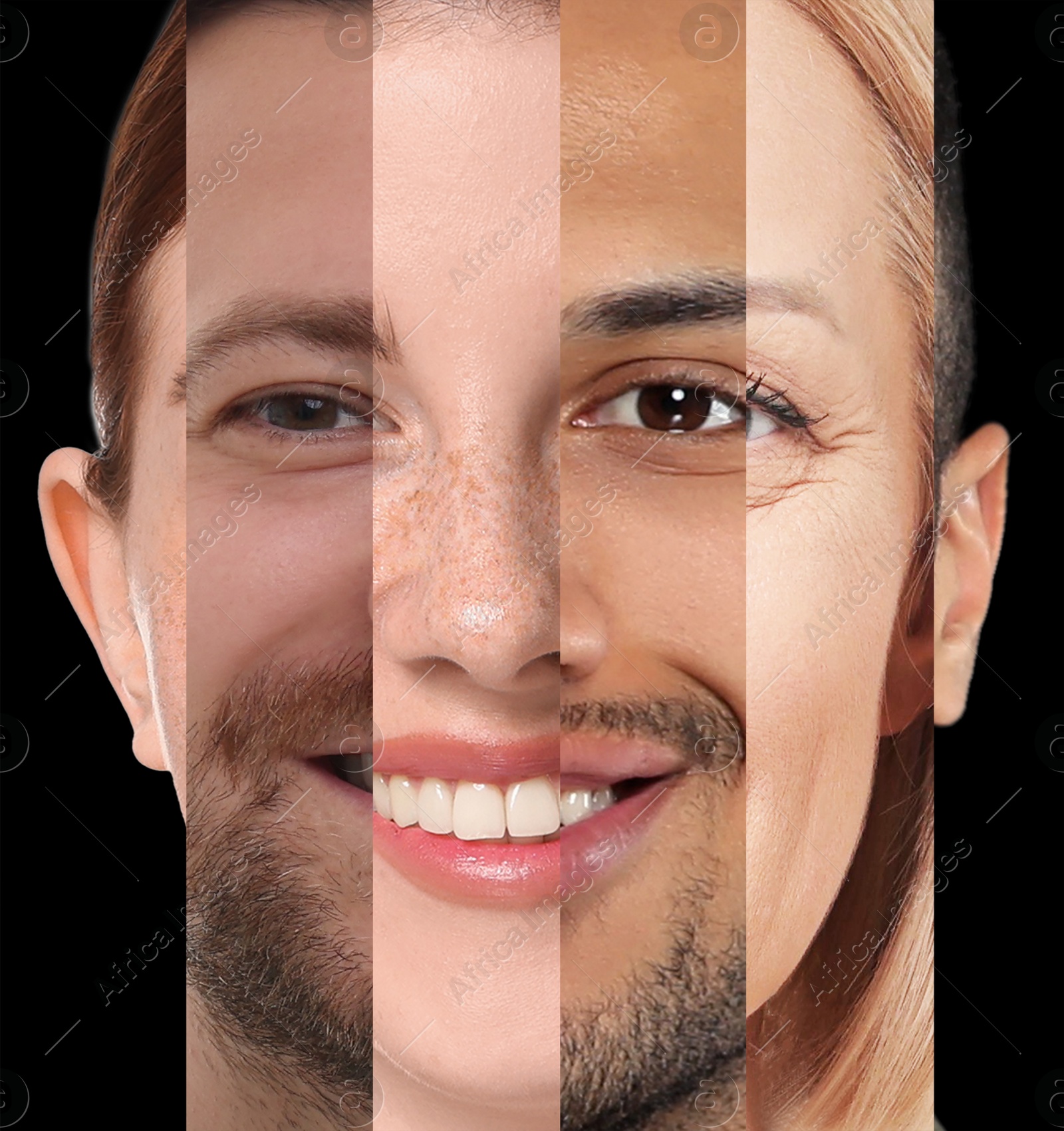 Image of Human face made of photos of different people. Collage of portraits of men and women of various ages. Unity, equality or uniqueness concepts