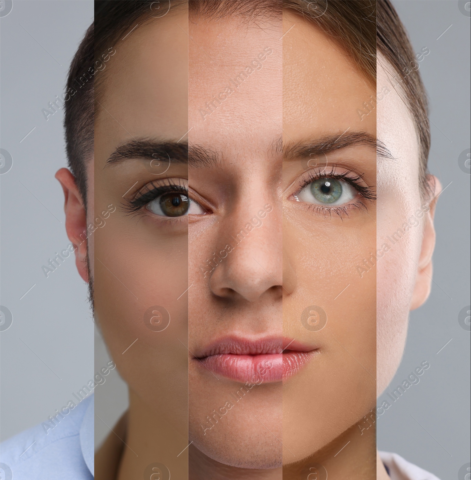 Image of Human face made of photos of different people. Collage of portraits of men and women of various ages. Unity, equality or uniqueness concepts