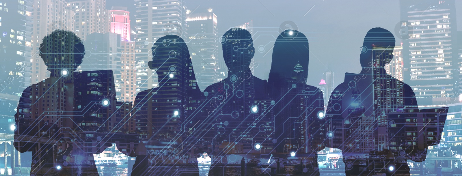 Image of Human resource. Silhouettes of people, multiple exposure with night cityscape and circuit board pattern