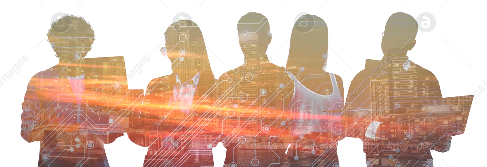 Image of Human resource. Silhouettes of people, multiple exposure with night cityscape and circuit board pattern