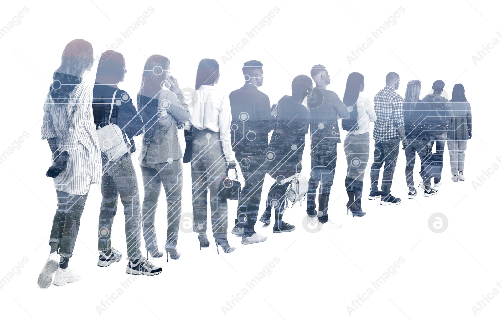 Image of Human resource. Silhouettes of people, multiple exposure with cityscape and circuit board pattern